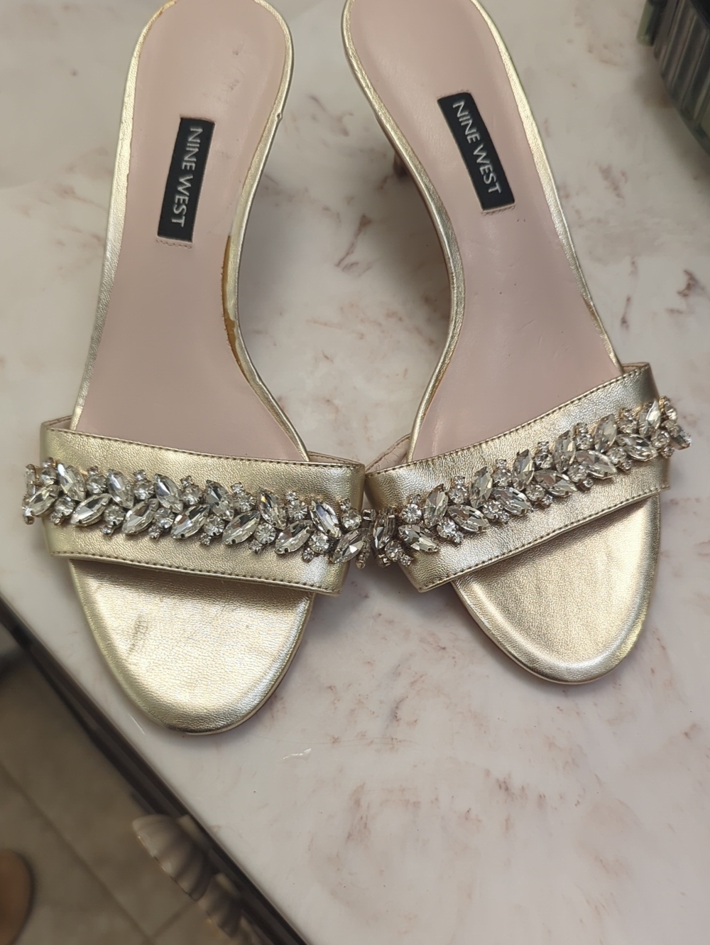 Nine West Metallic Gold Jeweled Slide Mules